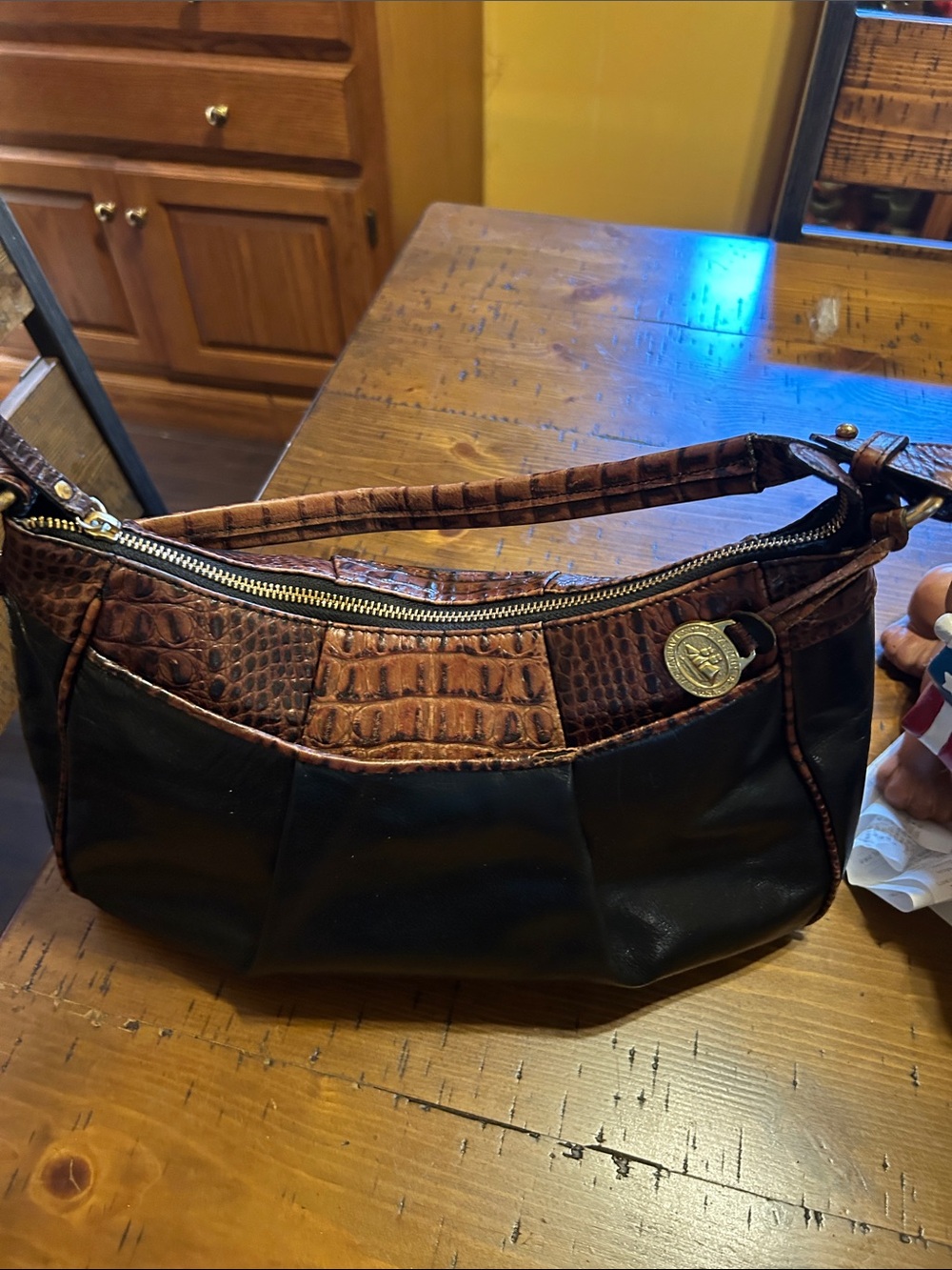 Brahmin Brown Croc-Trim Black Leather Shoulder Bag